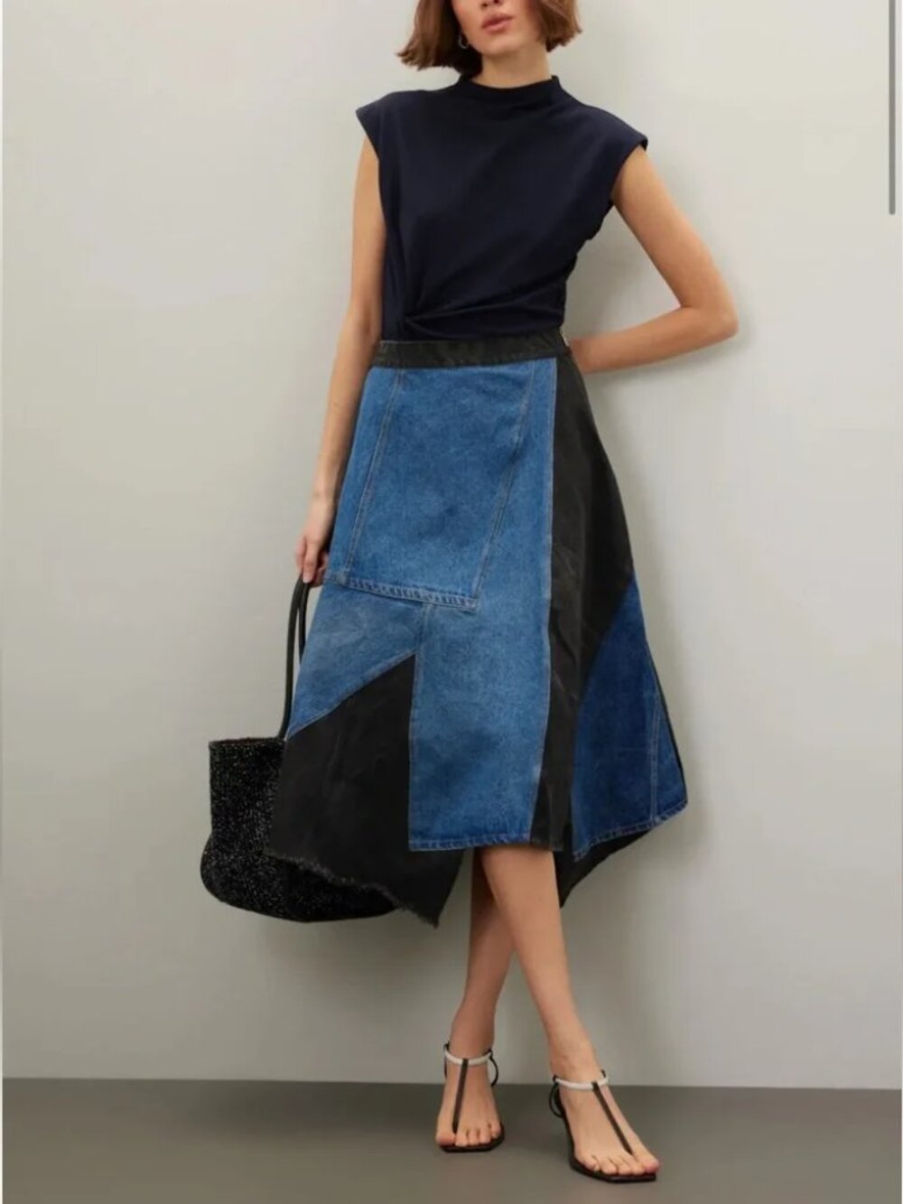 SEA New York Elena Skirt baggy pieced Denim Patchwork Midi Grunge asymmetric 6 - Picture 6 of 16
